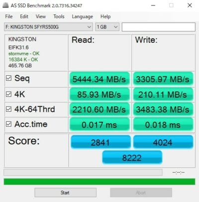 Kingston Fury Renegade SSD AS SSD Benchmark